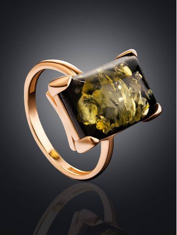 Gold-Plated Silver Ring With Square Green Amber Stone The Rectangle​, Ring Size: 4 / 15, image , picture 2