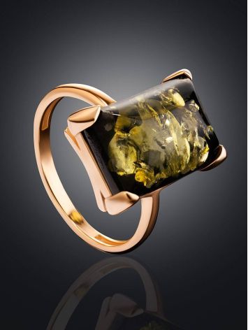 Gold-Plated Silver Ring With Square Green Amber Stone The Rectangle​, Ring Size: 6 / 16.5, image , picture 2