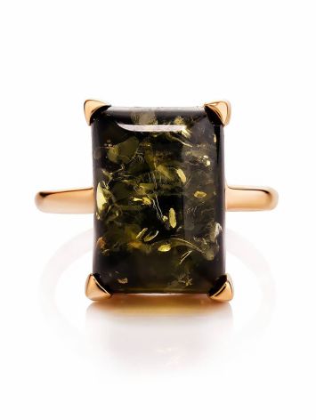 Gold-Plated Silver Ring With Square Green Amber Stone The Rectangle​, Ring Size: 4 / 15, image , picture 3