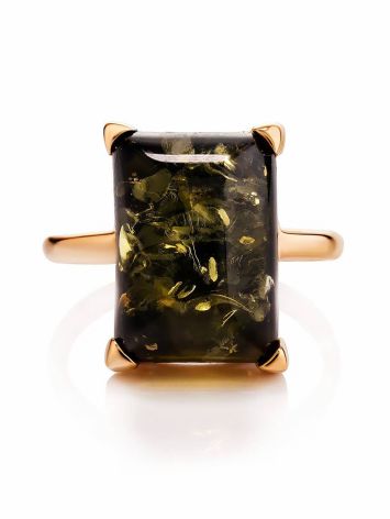Gold-Plated Silver Ring With Square Green Amber Stone The Rectangle​, Ring Size: 6 / 16.5, image , picture 3