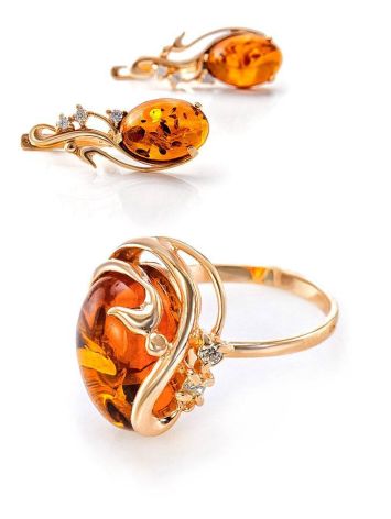 Gold-Plated Ring With Cognac Amber And Crystals The Swan, Ring Size: 5.5 / 16, image , picture 6