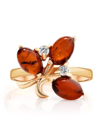 Refined Gold-Plated Ring With Cognac Amber And Crystals The Verbena, Ring Size: 11.5 / 21, image , picture 4