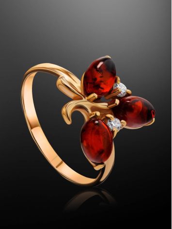 Refined Gold-Plated Ring With Cognac Amber And Crystals The Verbena, Ring Size: 11.5 / 21, image , picture 2