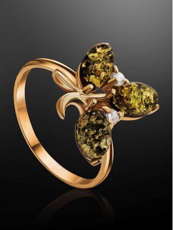 Gold-Plated Ring With Green Amber With Crystals The Verbena, Ring Size: 13 / 22, image , picture 2