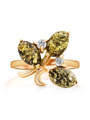 Gold-Plated Ring With Green Amber With Crystals The Verbena, Ring Size: 13 / 22, image , picture 4