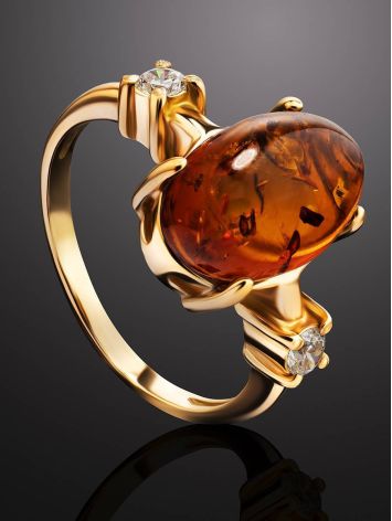 Gold-Plated Cocktail Ring With Cognac Amber And Crystals The Nostalgia, Ring Size: 10 / 20, image , picture 2