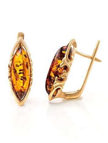 Elegant Gold-Plated Earrings With Cognac Amber The Ballade, image , picture 4