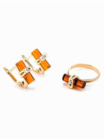 Cylindrical Cut Amber Ring In Gold With Crystal The Scandinavia, Ring Size: 6.5 / 17, image , picture 6