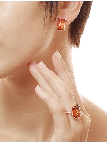 Gold-Plated Silver Earrings With Square Cognac Amber Stone The Rectangle, image , picture 2