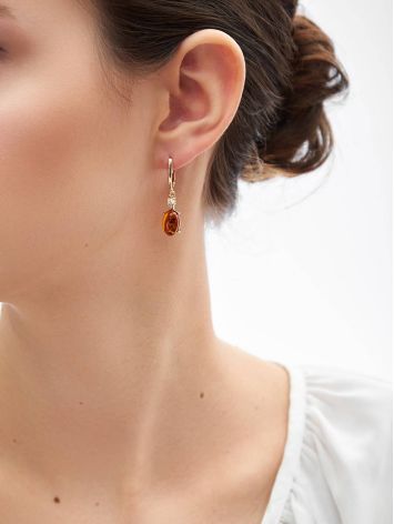 Bold Gold-Plated Drop Earrings With Cognac Amber With Crystals The Nostalgia, image , picture 3