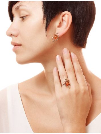 Bright Gold-Plated Earrings With Cognac Amber The Daisy, image , picture 3