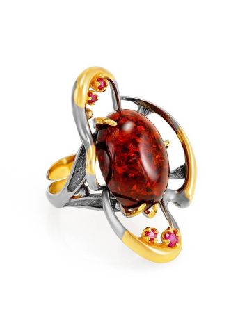 Adjustable Gold-Plated Ring With Cognac Amber And Crystals The Pompadour, Ring Size: Adjustable, image 