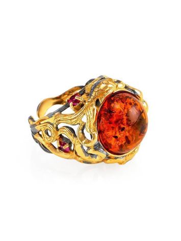 Adjustable Gold-Plated Ring With Cognac Amber And Crystals The Pompadour, Ring Size: Adjustable, image 