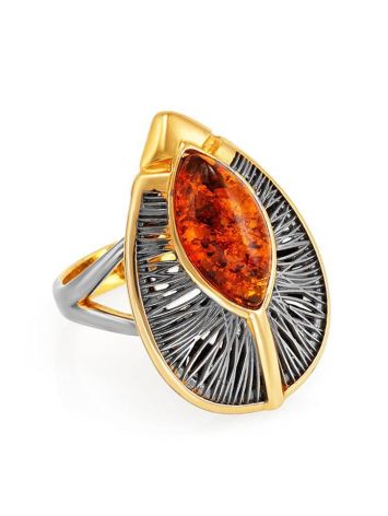 Bold Gold-Plated Cocktail Ring With Cognac Amber The Firebird, Ring Size: 6 / 16.5, image 