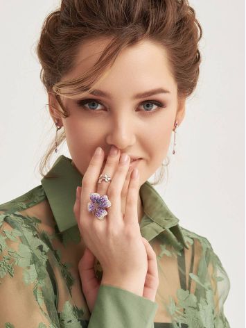 Gold-Plated Floral Ring With Lilac Crystals The Jungle, Ring Size: 8 / 18, image , picture 4