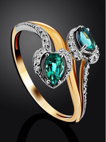 Statement Golden Ring With Diamonds And Emeralds, Ring Size: 8 / 18, image , picture 2