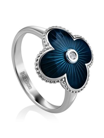 Silver Floral Ring With Dark Blue Enamel And Diamond The Heritage, Ring Size: 5.5 / 16, image 