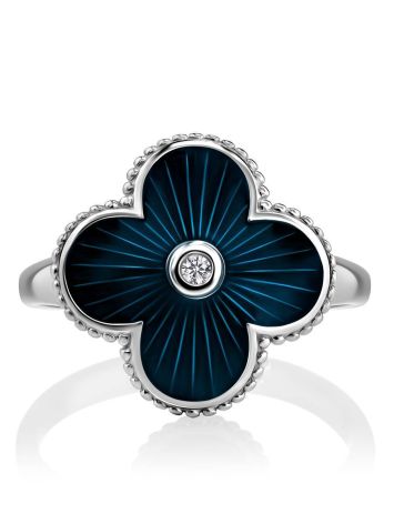 Silver Floral Ring With Dark Blue Enamel And Diamond The Heritage, Ring Size: 5.5 / 16, image , picture 3