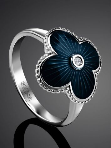 Silver Floral Ring With Dark Blue Enamel And Diamond The Heritage, Ring Size: 5.5 / 16, image , picture 2