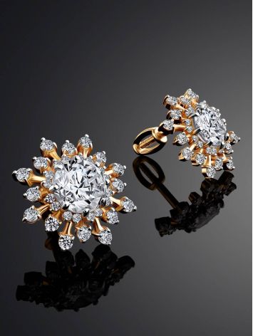 Snowflake Design Golden Earrings With Crystals, image , picture 2