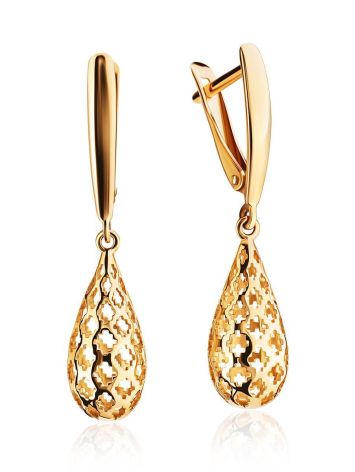 Golden Earrings With Laced Drop Shaped Dangles, image 