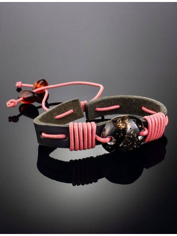 Dark Leather Tie Bracelet With Black Amber The Copacabana, image , picture 2