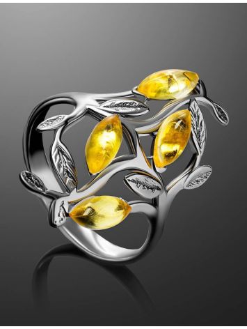 Изящное ажурное кольцо из серебра и лимонного янтаря «Тропиканка»  18.5, Ring Size: 13 / 22, image , picture 2