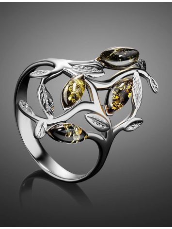 Эффектное кольцо «Тропиканка» из серебра и зелёного янтаря 18.5, Ring Size: 13 / 22, image , picture 2