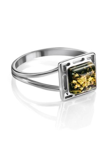 Изящное лёгкое кольцо из серебра и зелёного янтаря «Итака» 16, Ring Size: 9.5 / 19.5, image , picture 4