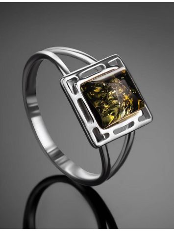 Изящное лёгкое кольцо из серебра и зелёного янтаря «Итака» 16, Ring Size: 9.5 / 19.5, image , picture 2