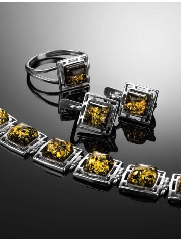 Изящное лёгкое кольцо из серебра и зелёного янтаря «Итака» 16, Ring Size: 9.5 / 19.5, image , picture 6