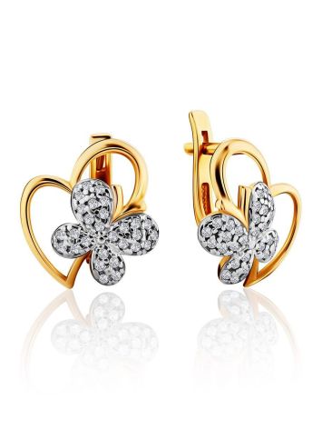 Cute Heart Shaped Golden Earrings With Crystal Butterflies, image 