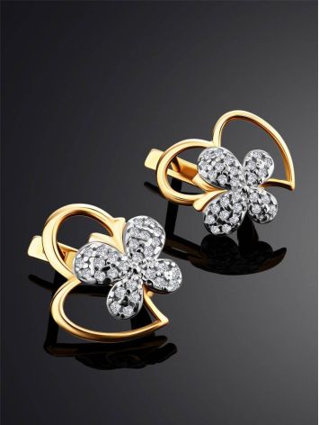 Cute Heart Shaped Golden Earrings With Crystal Butterflies, image , picture 2