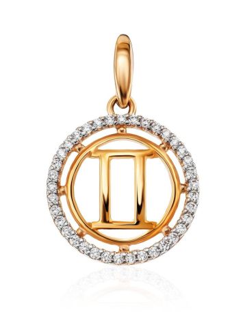 Round Golden Gemini Sign Pendant With Crystals, image 