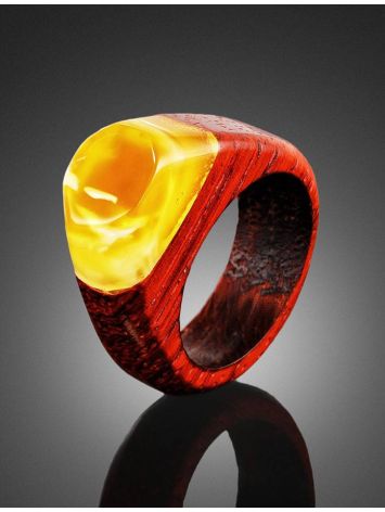 Handcrafted Padauk Wood Ring With Honey Amber The Indonesia, Ring Size: 7 / 17.5, image , picture 2