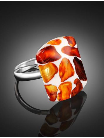 Mosaic Open Ring With Cognac Amber And White Polymer The Dalmatian, Ring Size: Adjustable, image , picture 2