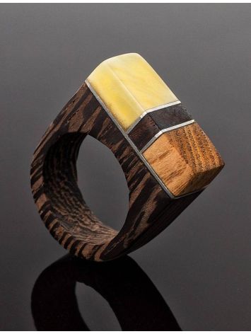 Multicolor Handcrafted Wooden Ring With Bright Honey Amber The Indonesia, Ring Size: 5.5 / 16, image , picture 2