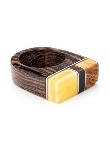 Multicolor Handcrafted Wooden Ring With Bright Honey Amber The Indonesia, Ring Size: 5.5 / 16, image , picture 3