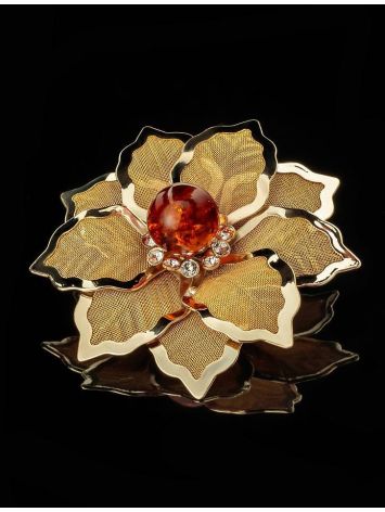 Bold Gold-Plated Floral Brooch With Cognac Amber And Crystals The Beoluna, image , picture 2