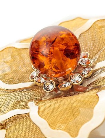 Bold Gold-Plated Floral Brooch With Cognac Amber And Crystals The Beoluna, image , picture 3