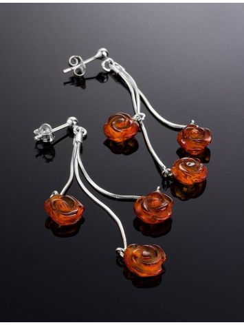 Очаровательные серьги из резного янтаря с замками-гвоздиками «Розы коньячные», image , picture 2