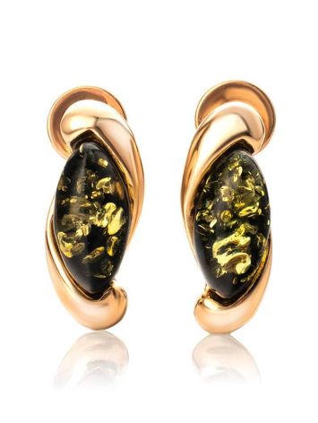 Lovely Gold-Plated Stud Earrings With Green Amber The Iolanta, image , picture 4