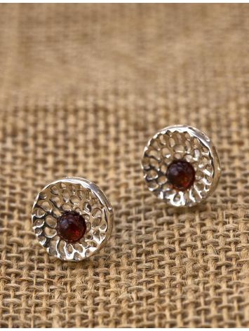 Lovely Round Silver Studs With Cherry Amber The Venus, image , picture 2