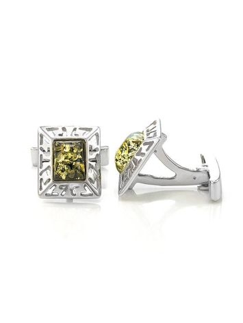 Geometric Silver Cufflinks With Green Amber The Ithaca, image , picture 3