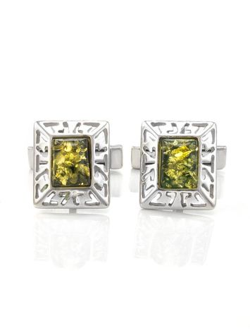 Geometric Silver Cufflinks With Green Amber The Ithaca, image , picture 4
