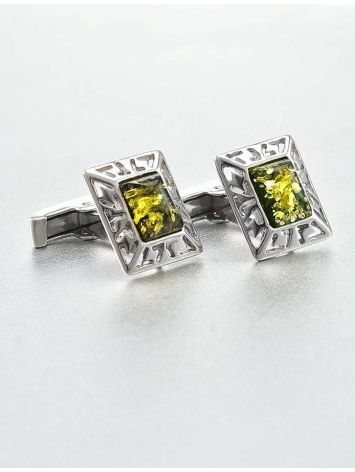 Geometric Silver Cufflinks With Green Amber The Ithaca, image , picture 2