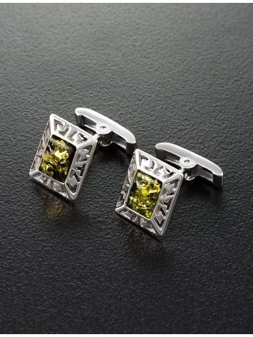 Geometric Silver Cufflinks With Green Amber The Ithaca, image , picture 5