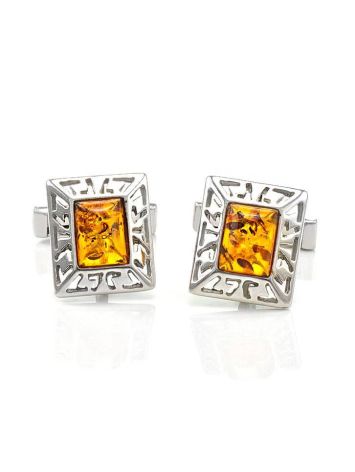 Stylish Geometric Cufflinks With Cognac Amber In Silver The Ithaca, image , picture 5