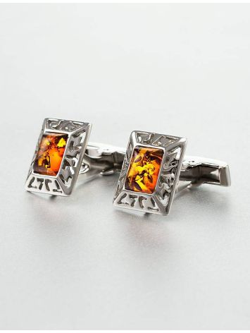 Stylish Geometric Cufflinks With Cognac Amber In Silver The Ithaca, image , picture 2