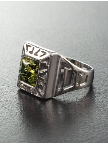 Bold Silver Signet Ring With Green Amber The Ellas, Ring Size: 6.5 / 17, image , picture 5